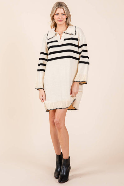 GeeGee Clothing - Stripe Knit Sweater Mini Dress, OD51022: Cream / L