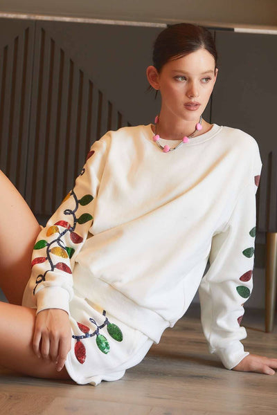 Main Strip - Christmas light Sequin EMB fleece Shorts