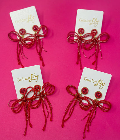 Golden Lily - Christmas Holiday - Red Beaded Bow Earrings