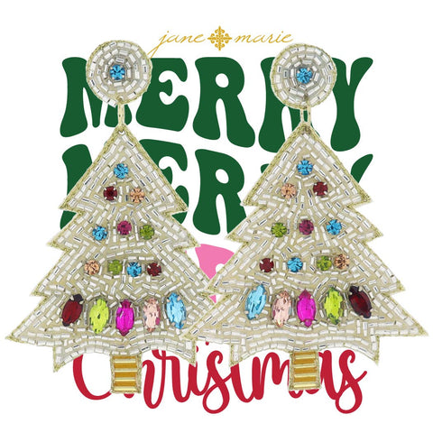 Jane Marie - Silver Beaded Christmas Tree with Crystal Accents Earrings