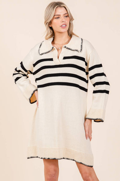GeeGee Clothing - Stripe Knit Sweater Mini Dress, OD51022: Cream / S