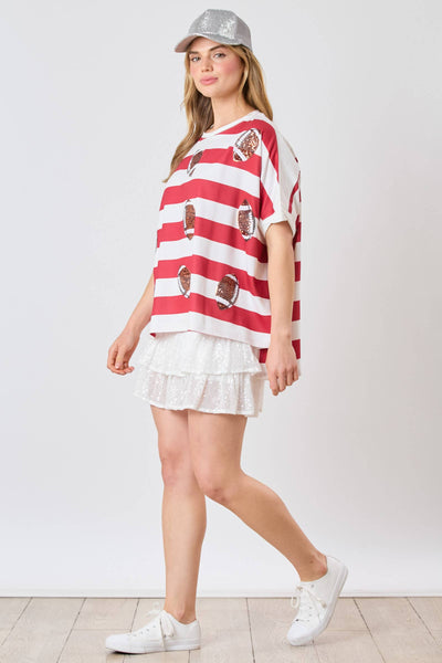 Fantastic Fawn - Football Sequin Bold Stripe Loose Fit Top - Preorders: WHITE/CRIMSON / L