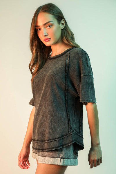 VERY J - NT12086X-PLUS SIZE Mineral Washed Ribbed Knit Casual Top: DENIM / 1XL-2XL-3XL/3-2-1