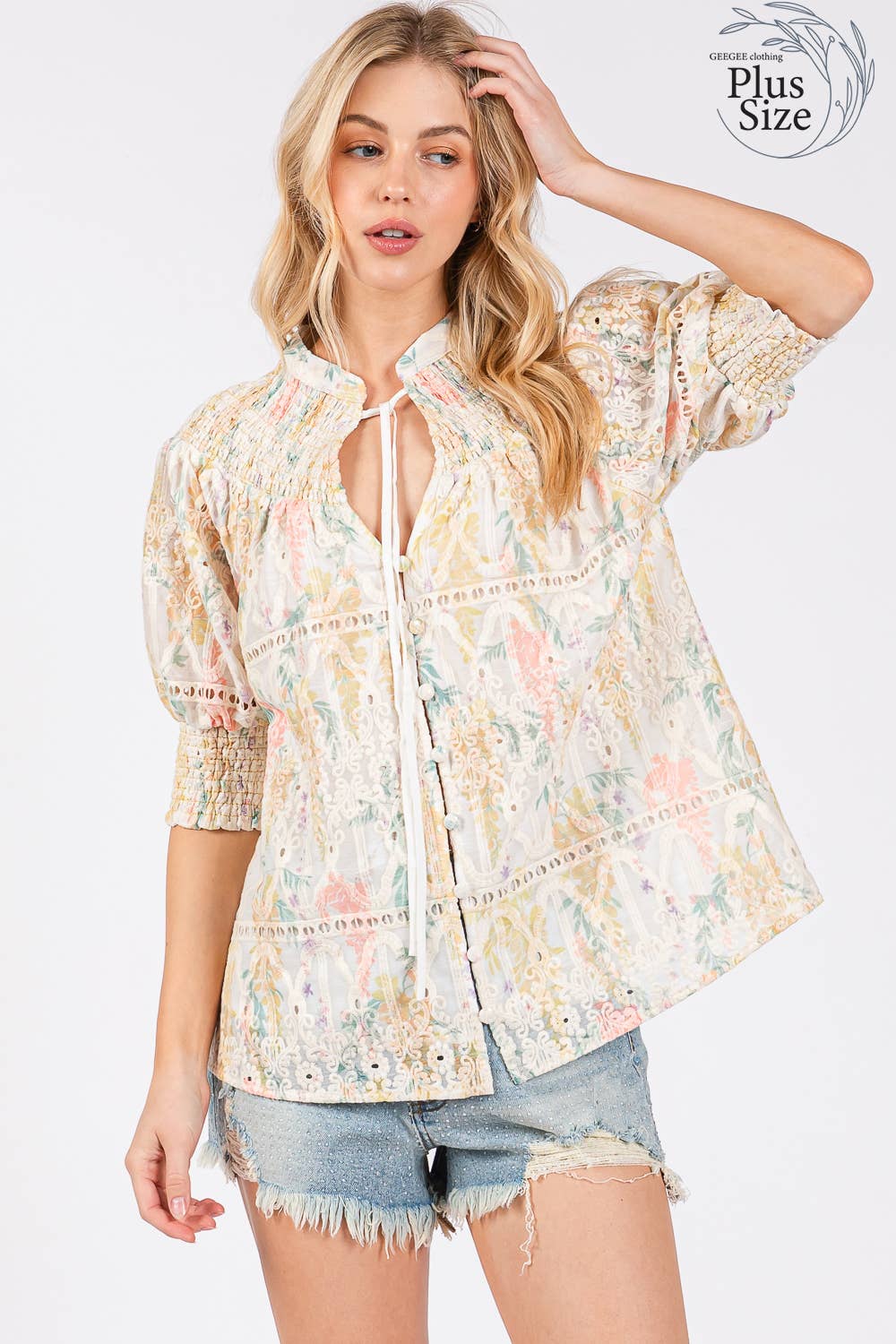 GeeGee Clothing - Plus Natural Eyelet Lace Short Sleeve Blouse, OT50981PL: Yellow Multi / 2XL