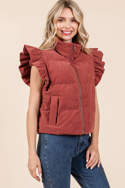 GeeGee Clothing - Plus Corduroy Ruffled Sleeve Puffer Vest, MJ50697PL: Cream / 1XL