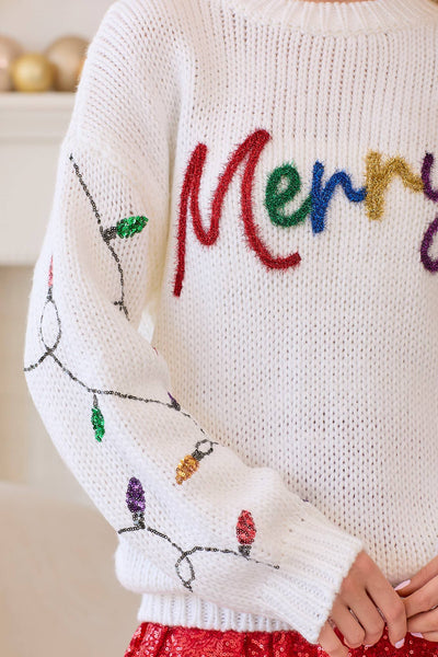 Main Strip - Merry Sweater Sequined Christmas Light Sleeves: WHITE / M