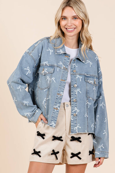GeeGee Clothing - Ribbon Print Denim Jacket, OJ50833: Denim / L