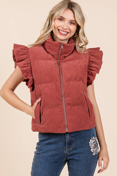 GeeGee Clothing - Corduroy Ruffled Sleeve Puffer Vest, MJ50697: Cream / L