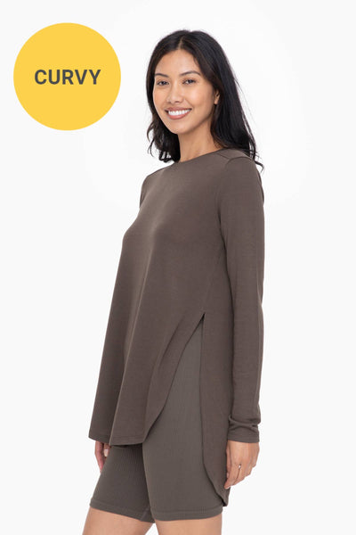 Mono B - CURVY Long Sleeve Flow Top with Side Slits: PINK / 1XL:2XL:3XL (2:2:2)