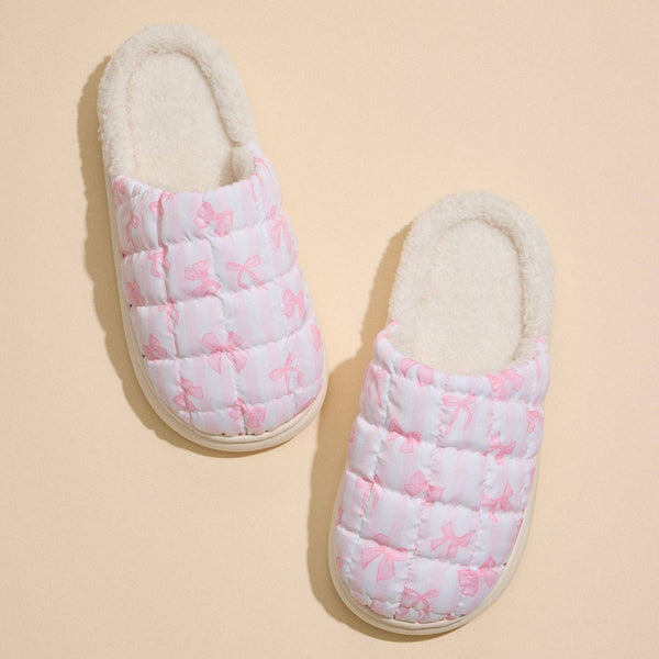 Quilted Puffy Slippers with Pink Bow Print