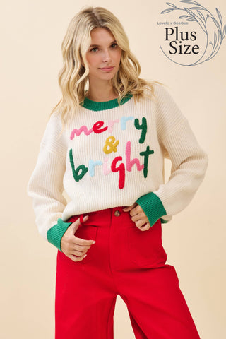 GeeGee x Lovelo - Plus 'Merry & Bright' Knit Sweater CT52384PL: Cream/Green / 1XL
