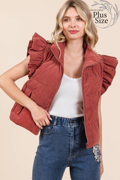 GeeGee Clothing - Plus Corduroy Ruffled Sleeve Puffer Vest, MJ50697PL: Cream / 1XL