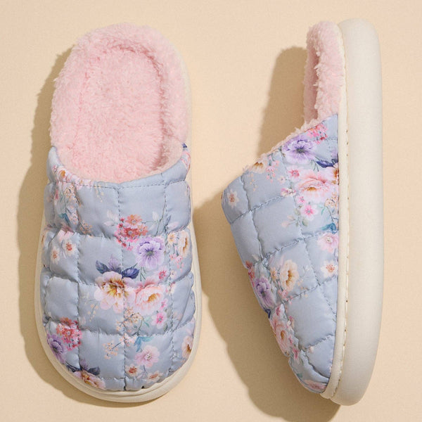 Quilted Puffy Slippers with Floral Print and Pink Lining
