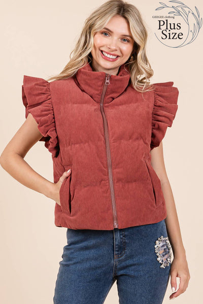 GeeGee Clothing - Plus Corduroy Ruffled Sleeve Puffer Vest, MJ50697PL: Cream / 3XL
