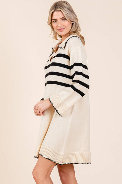 GeeGee Clothing - Plus Stripe Knit Sweater Mini Dress, OD51022PL: Cream / 2XL