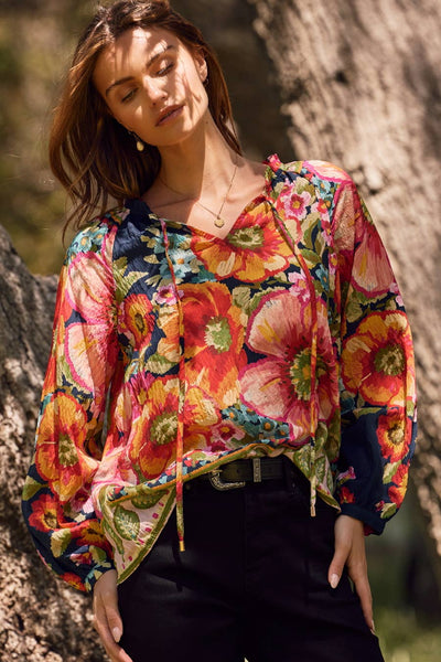 Oddi - Floral Border Printed Blouse: Navy Multi / L