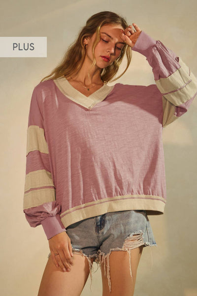 Oddi - Plus V-neck Pullover: Sage Grey Multi / Plus Size / 2XL