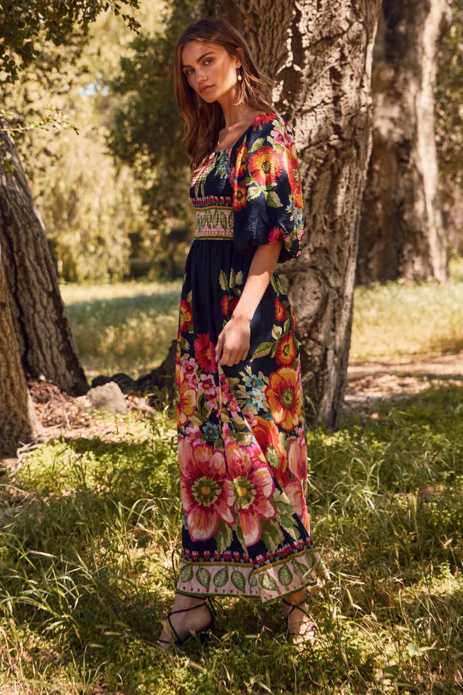 Oddi - Giant Floral Border Printed Maxi Dress: Navy Multi / S