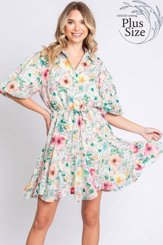 GeeGee Clothing - Plus Floral Button Up Eyelet Dress: MD50561PL: Pink/Green / 2XL
