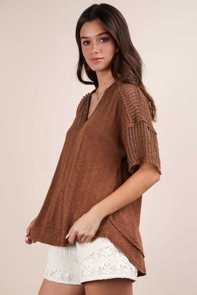 VERY J - NT12088-Oversized Contrast Knit Comfy Casual Top: IVORY / S-M-L/2-2-2