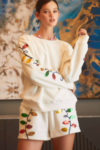 Main Strip - Christmas Light Sequin EMB fleece Top