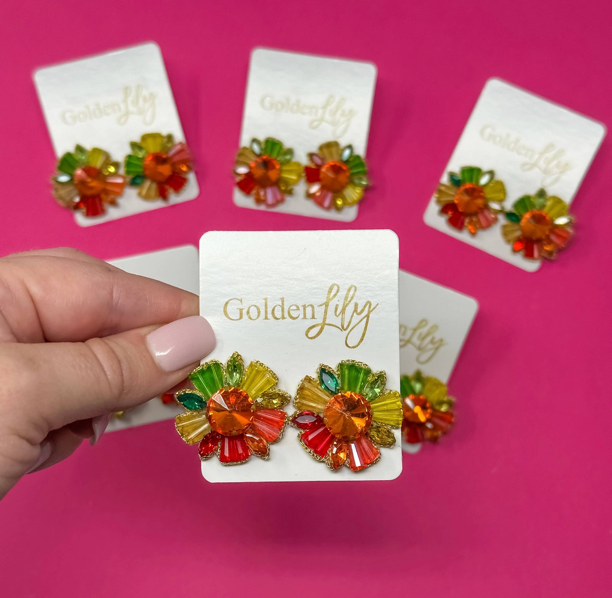 Golden Lily - Fall Rhinestone Burst Stud Earrings - Yellow, Orange, Green