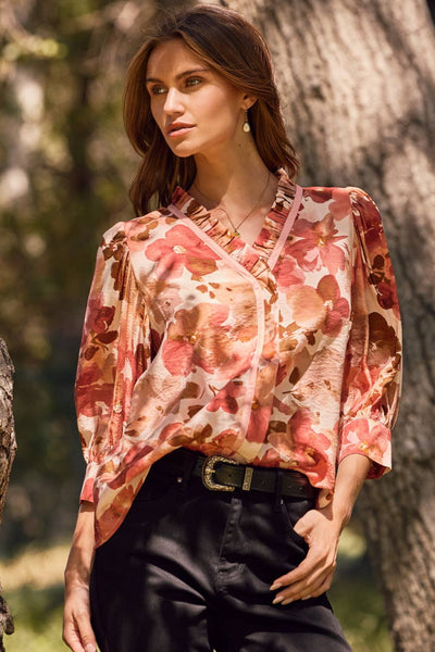 Oddi - Crinkled Floral Printed Blouse: Cranberry / S