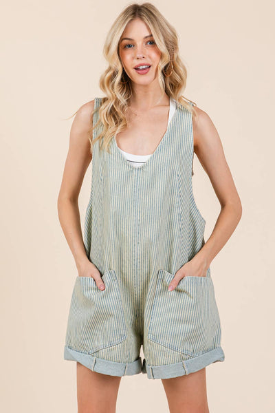 GeeGee Clothing - Stripe Denim Shortalls/Romper, OR51044: Denim Blue / L