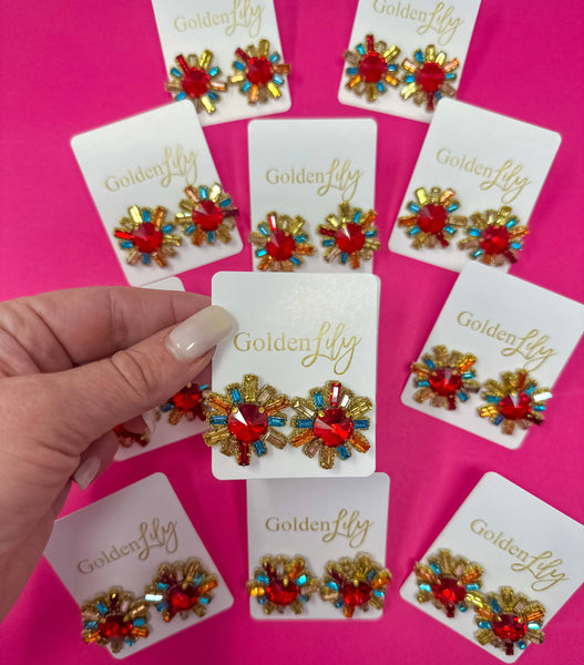Golden Lily - Fall Rhinestone Burst Stud Earrings - Multi