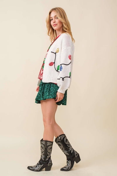 Main Strip - Christmas Sequin Light Cardigan: WHITE / S
