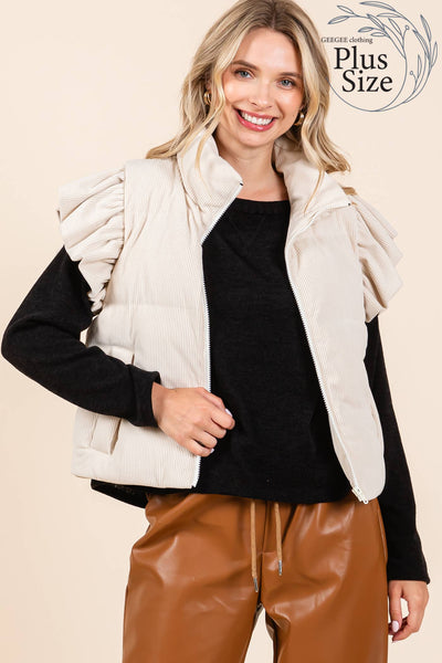 GeeGee Clothing - Plus Corduroy Ruffled Sleeve Puffer Vest, MJ50697PL: Cream / 3XL