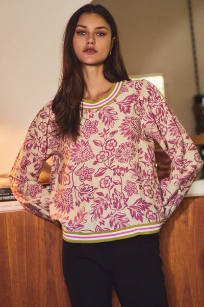 Oddi - Floral Print Knit Top: Navy Wave / S