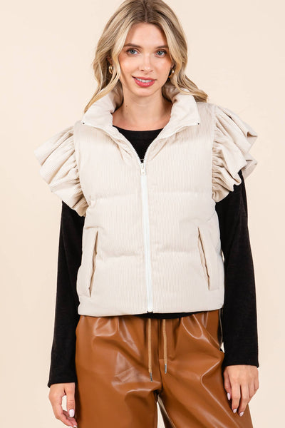 GeeGee Clothing - Corduroy Ruffled Sleeve Puffer Vest, MJ50697: Cream / S