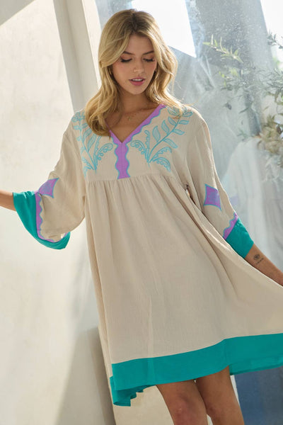 Oddi - Plus Embroidered Plunge V Neck Mini Dress: Burgundy Combo / 2XL