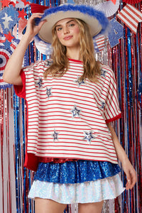 Fantastic Fawn - Sequin Star Patch Striped Tee: RED / M