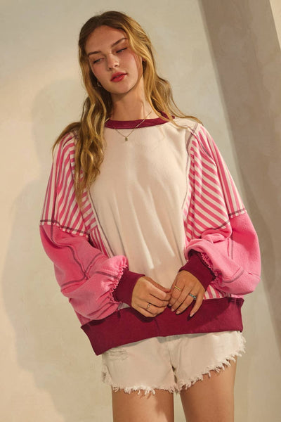 Oddi - Polar Fleece Color Block Sweatshirt: Pink Combo / L