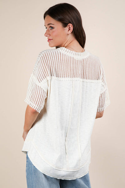 VERY J - NT12088-Oversized Contrast Knit Comfy Casual Top: IVORY / S-M-L/2-2-2