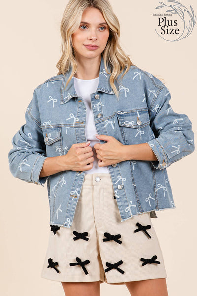 GeeGee Clothing - Plus Ribbon Print Denim Jacket, OJ50833PL: Denim / 1XL
