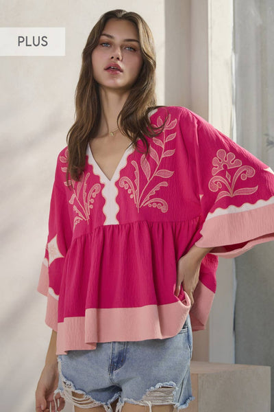 Oddi - Plus Embroidered Plunge V Neck Top: Pink Combo / XL
