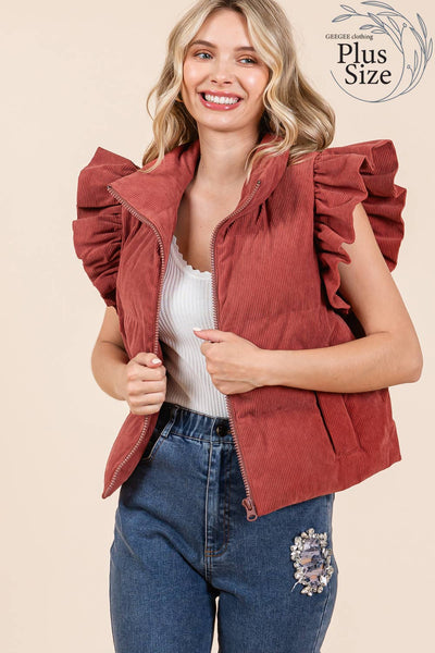 GeeGee Clothing - Plus Corduroy Ruffled Sleeve Puffer Vest, MJ50697PL: Cream / 3XL
