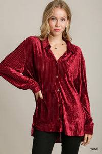 Wine Stripped Velvet Button Down Top saw