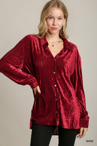 Wine Stripped Velvet Button Down Top