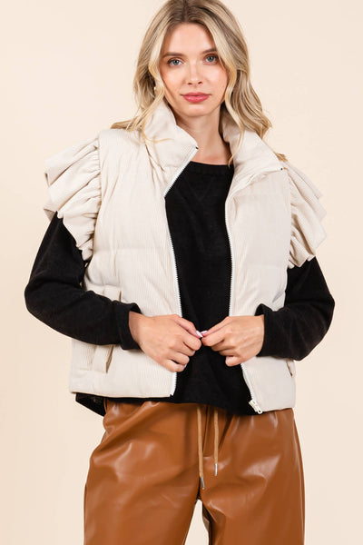 GeeGee Clothing - Corduroy Ruffled Sleeve Puffer Vest, MJ50697: Cream / M