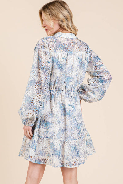 GeeGee Clothing - Plus Floral Eyelet Lace Mini Shirt Dress, OD50845PL: Blue Multi / 3XL