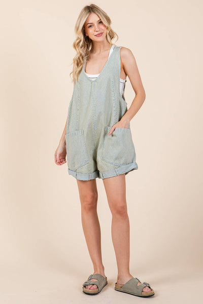 GeeGee Clothing - Stripe Denim Shortalls/Romper, OR51044: Denim Blue / M