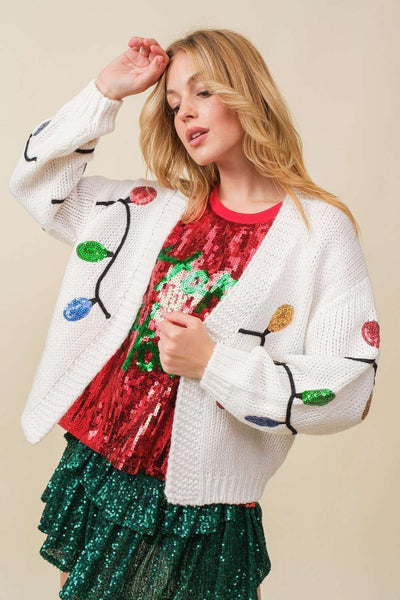 Main Strip - Christmas Sequin Light Cardigan: WHITE / S