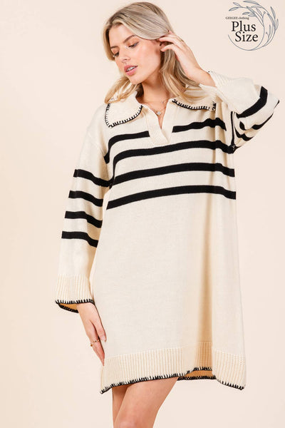 GeeGee Clothing - Plus Stripe Knit Sweater Mini Dress, OD51022PL: Cream / 2XL