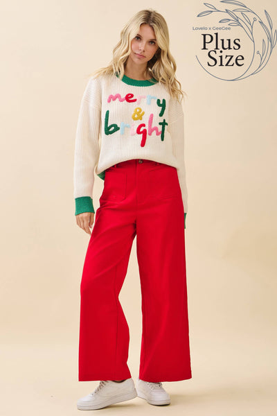 GeeGee x Lovelo - Plus 'Merry & Bright' Knit Sweater CT52384PL: Cream/Green / 2XL