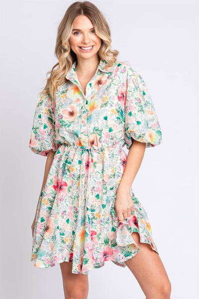 GeeGee Clothing - Plus Floral Button Up Eyelet Dress: MD50561PL: Pink/Green / 3XL