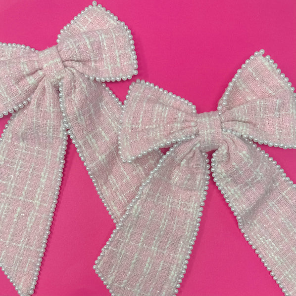 Golden Lily - Tweed Bow - Pink with Pearls